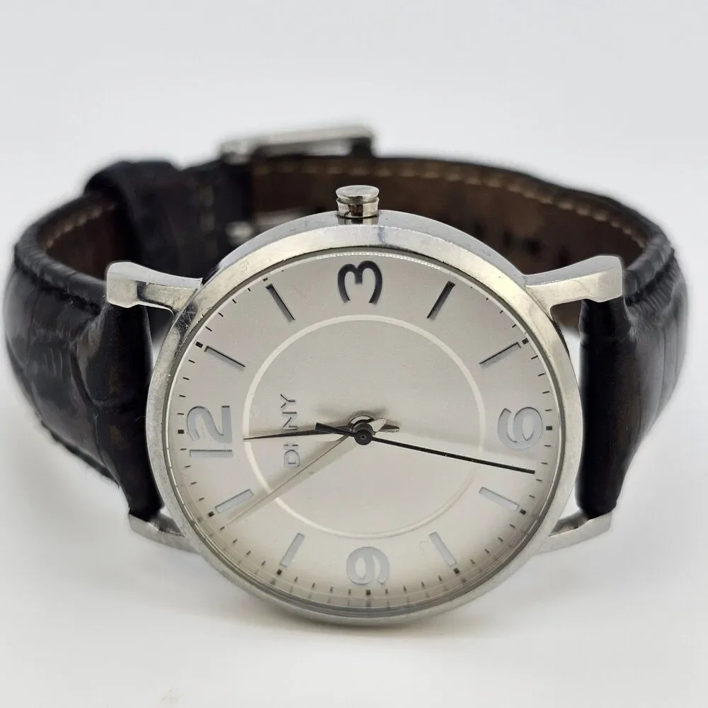 DKNY Women's Watch‎ 36MM Gray Dial Black Leather Band Straps New Battery
